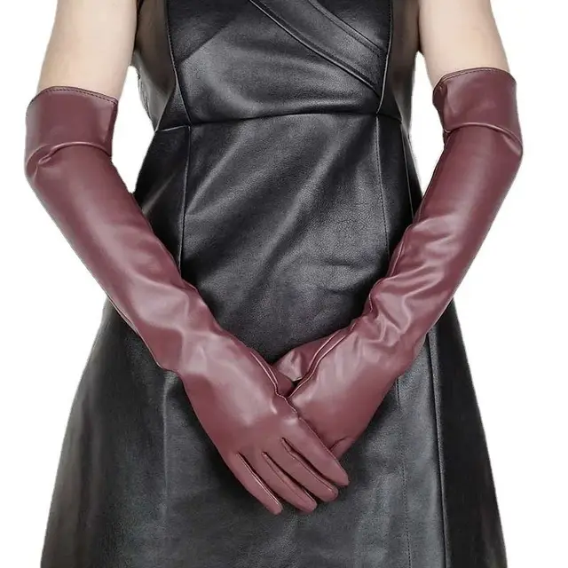 Faux Leather Long Fashion Women's Black Glossy Warm Gloves For Stage Performance Purplish Red - Shop at LoveMi