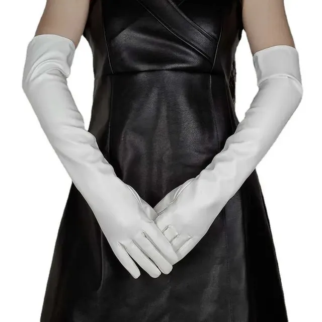 Faux Leather Long Fashion Women's Black Glossy Warm Gloves For Stage Performance White - Shop at LoveMi