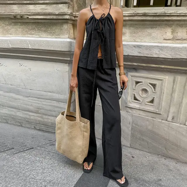 Design Lace up Top For High Waist Two piece Suit Black - Shop at LoveMi