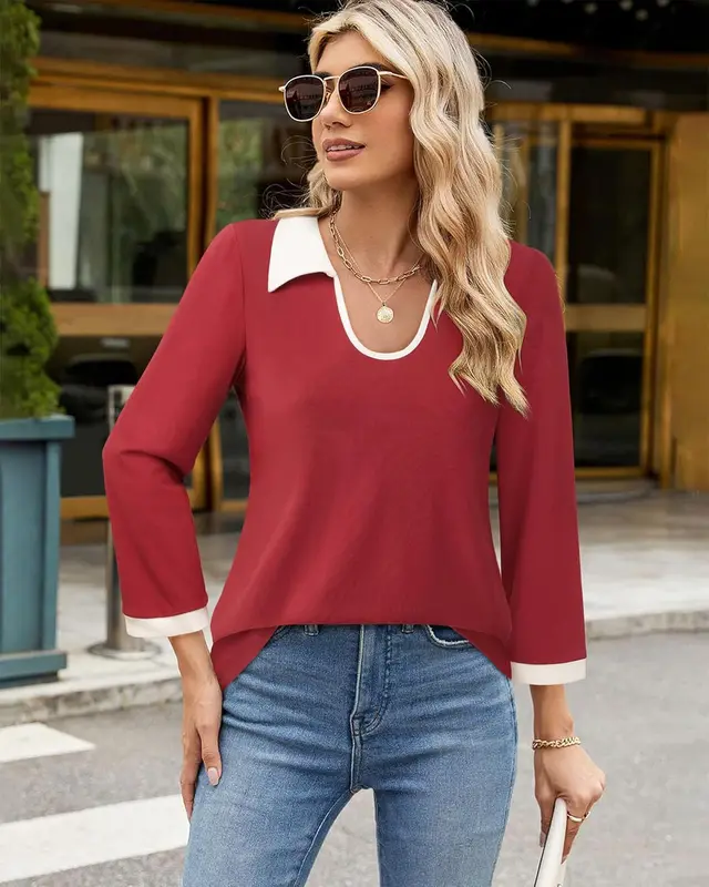 Color Matching Lapel Long Sleeve Top Women Red - Shop at LoveMi