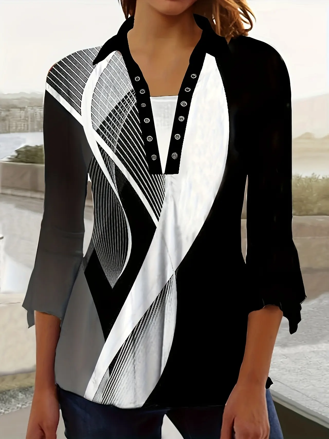 Printing Lapel Top Irregular Sleeve T-shirt - 4Color