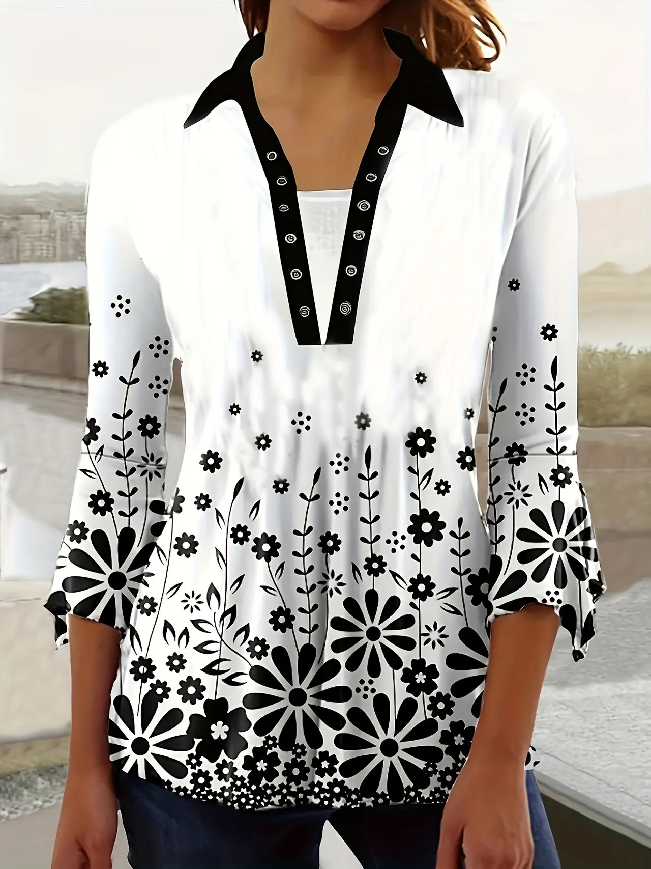 Printing Lapel Top Irregular Sleeve T-shirt - 9Color - View 1