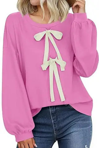 Women's Round Neck Front Lace-up Bow T Pullover Split Long Sleeve Shirt - Pink