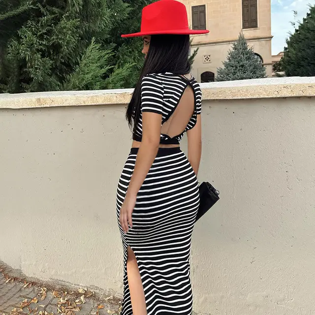 Small Sunken Stripe Casual Striped Backless Short Sleeve Top Slim fit Skirt Black - Shop at LoveMi