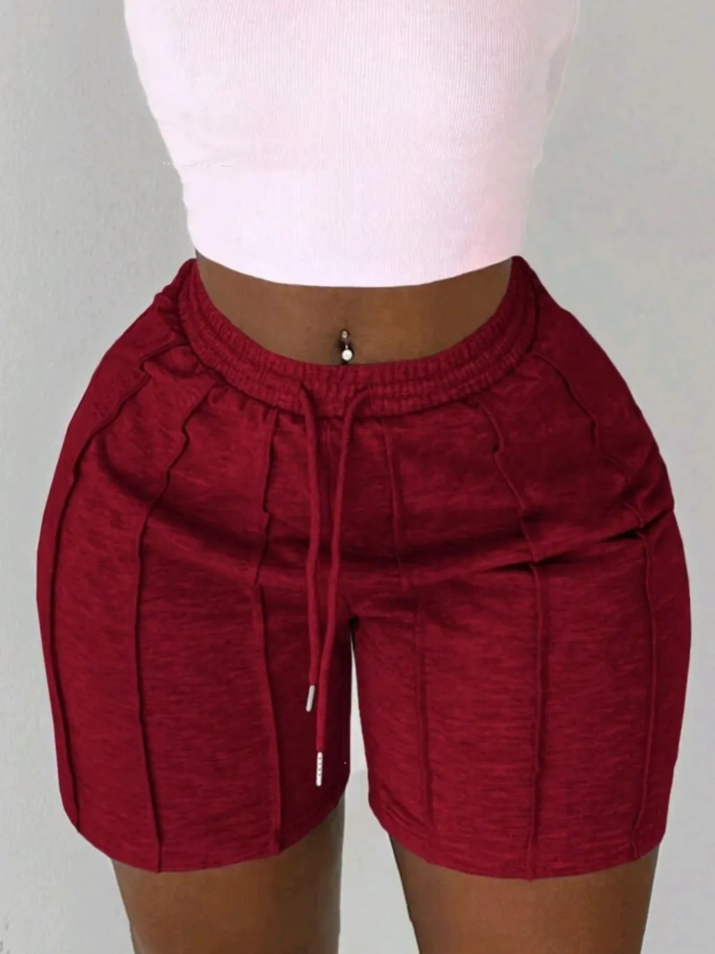 Women's Summer Solid Color Casual Drawstring Shorts - Wine Red
