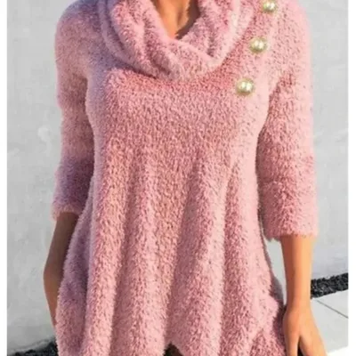 Women's Irregular Button Scarf Woolen Pullover Top Pink - Shop at LoveMi
