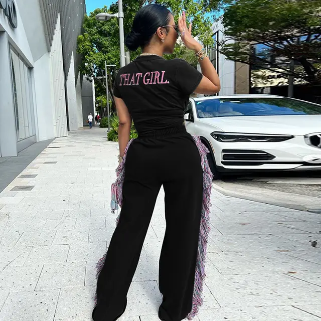 Round Neck Embroidered Short Sleeve T shirt High Waist Multicolored Tassel Casual Pants Black - Shop at LoveMi