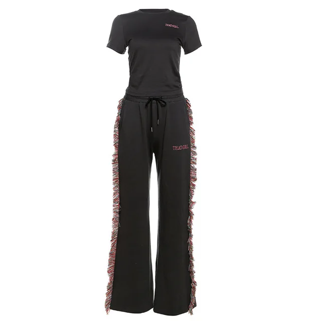 Round Neck Embroidered Short Sleeve T shirt High Waist Multicolored Tassel Casual Pants Gray - Shop at LoveMi