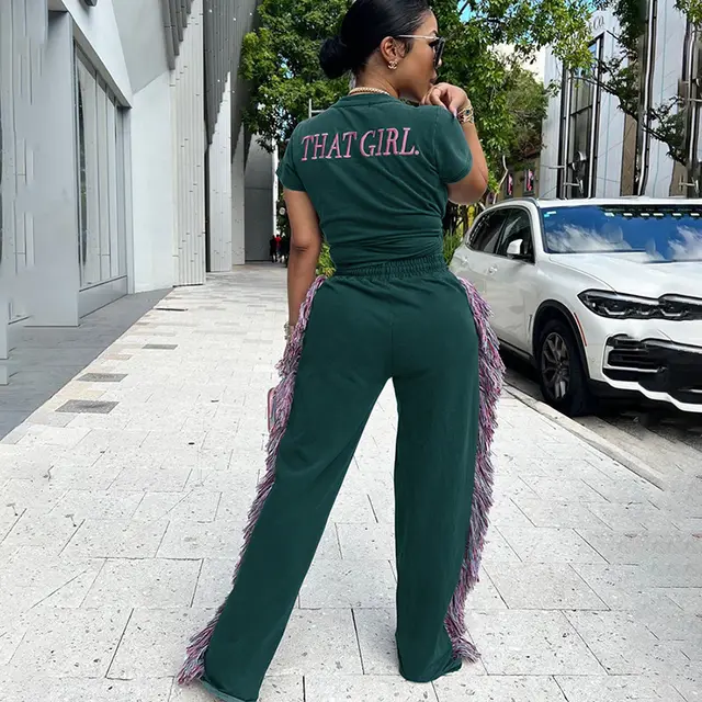 Round Neck Embroidered Short Sleeve T shirt High Waist Multicolored Tassel Casual Pants Green - Shop at LoveMi
