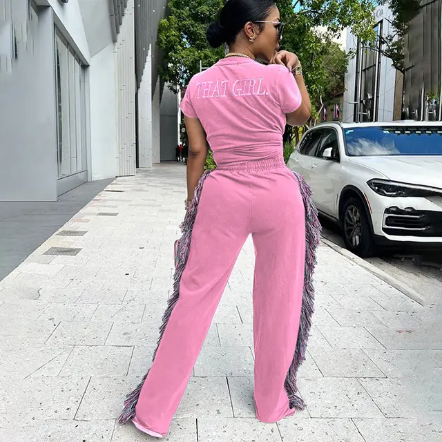 Round Neck Embroidered Short Sleeve T shirt High Waist Multicolored Tassel Casual Pants Pink - Shop at LoveMi