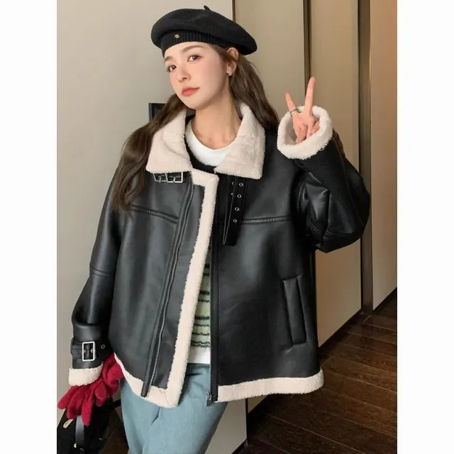 Motorcycle Clothing Coat Lamb Winter Loose Black - Shop at LoveMi