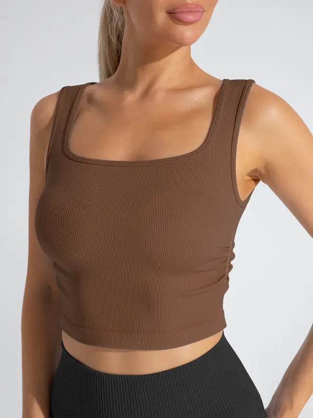 Sexy Sports U neck Sleeveless Pleated Bottoming Vest Brown - Shop at LoveMi