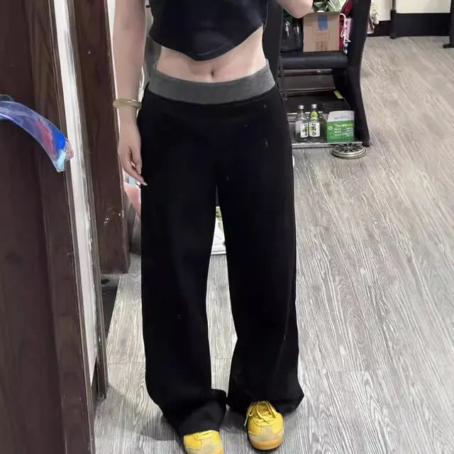 American Street Stitching Contrast Color Wide leg Pants Sports Pants Black - Shop at LoveMi