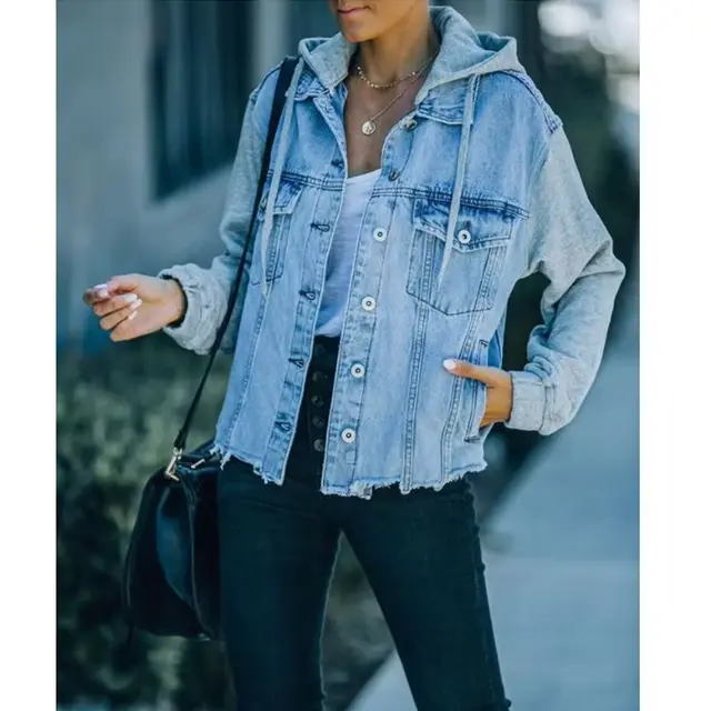 Loose Casual Large Denim Hoodie Coat Blue - Shop at LoveMi