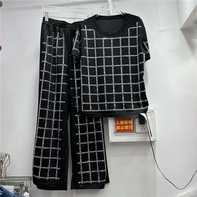 T shirt Straight Wide leg Pants Suit High grade Women's Two piece Suit Black - Shop at LoveMi