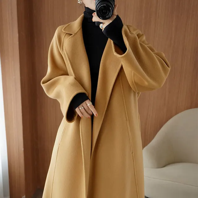 Reversible Cashmere Coat Women's Mid length Loose Over Knee Coat Camel - Shop at LoveMi