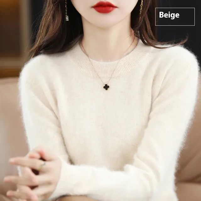 Round Neck Loose Solid Color Mink Sweater Pullover Base Woolen Sweater Camel Color - Shop at LoveMi