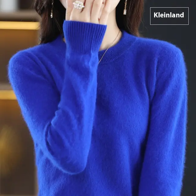 Round Neck Loose Solid Color Mink Sweater Pullover Base Woolen Sweater Klein Blue - Shop at LoveMi