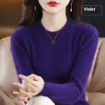 Round Neck Loose Solid Color Mink Sweater Pullover Base Woolen Sweater - Violet
