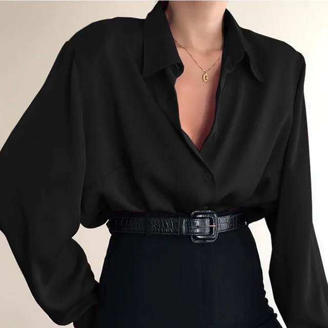 Sexy Loose Design Intellectual Elegant Solid Color Personalized Shirt Black - Shop at LoveMi