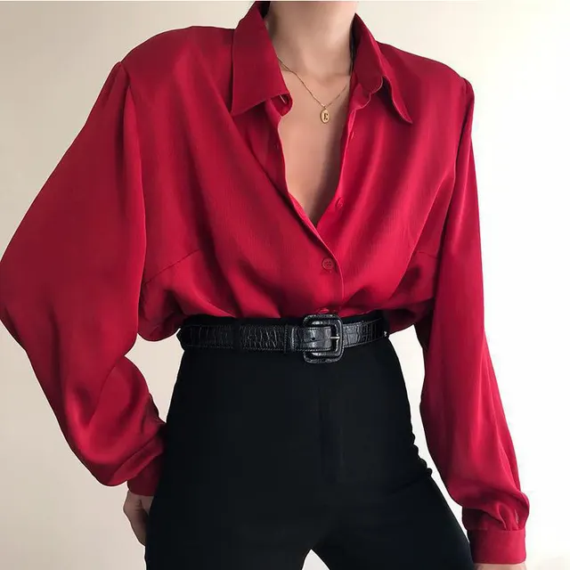 Sexy Loose Design Intellectual Elegant Solid Color Personalized Shirt Red - Shop at LoveMi