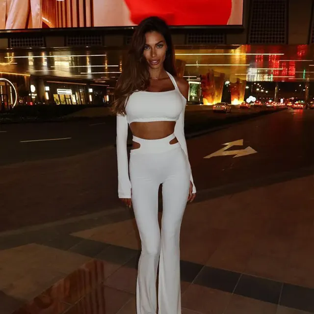Long Sleeve Off shoulder Cross halterneck Short Top High Waist Flared Pants Slim Fit Suit White - Shop at LoveMi