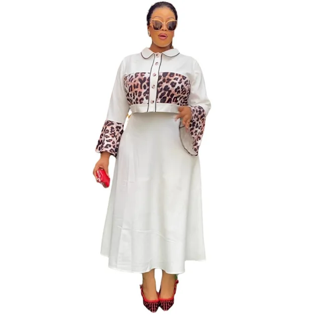 Leopard Print Patchwork Top Long Dress Suit White - Shop at LoveMi