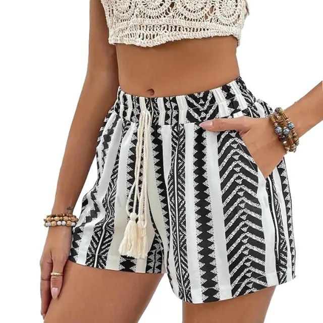 Women's Fashion Elegant Special Lace up Shorts Black And White - Shop at LoveMi