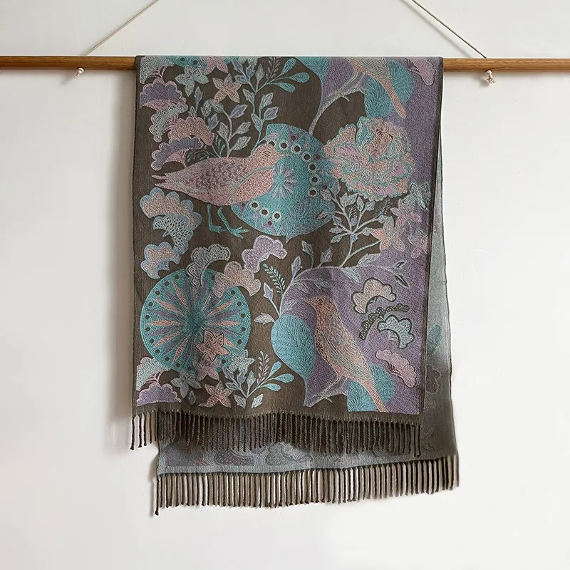Season Ethnic Birds And Plants Collision Combination Elegant Going Out Cashmere-like Warm Scarf Shawl For Women - Green - View 1