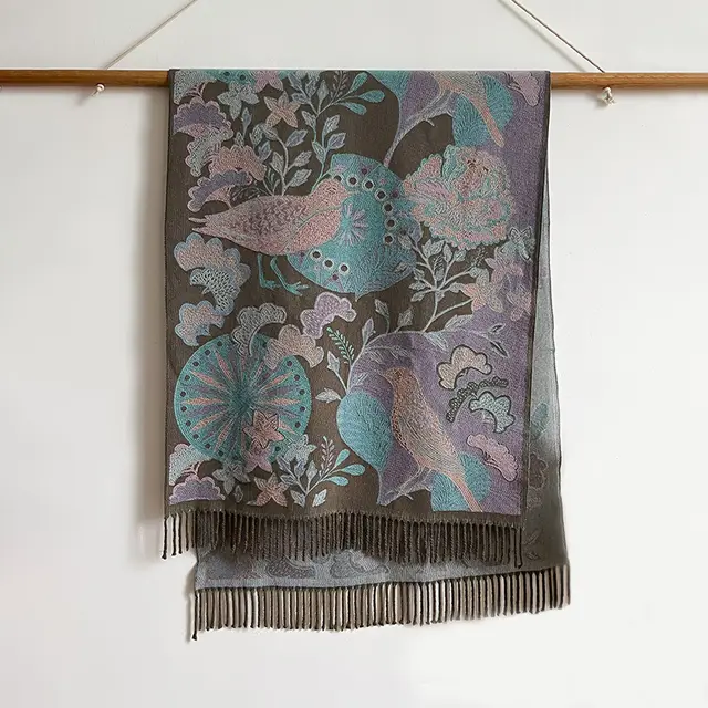 Season Ethnic Birds And Plants Collision Combination Elegant Going Out Cashmere like Warm Scarf Shawl For Women Green - Shop at LoveMi