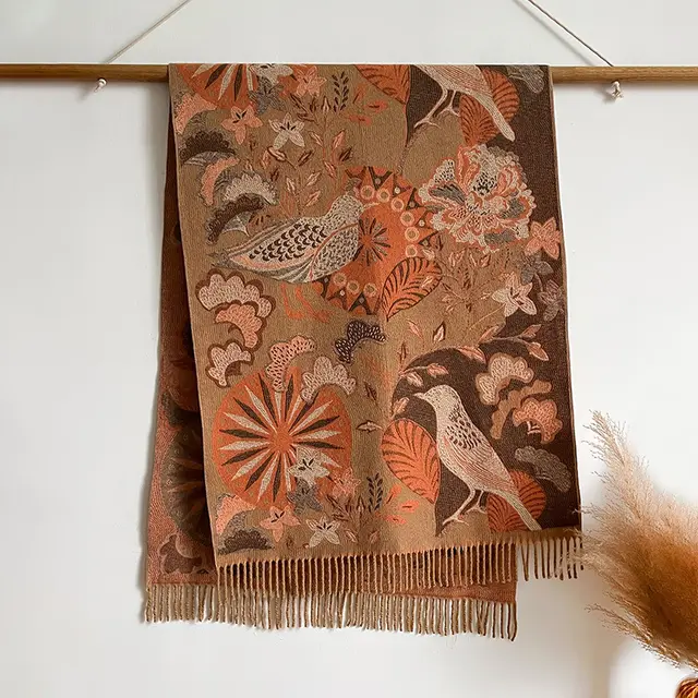 Season Ethnic Birds And Plants Collision Combination Elegant Going Out Cashmere like Warm Scarf Shawl For Women Khaki - Shop at LoveMi