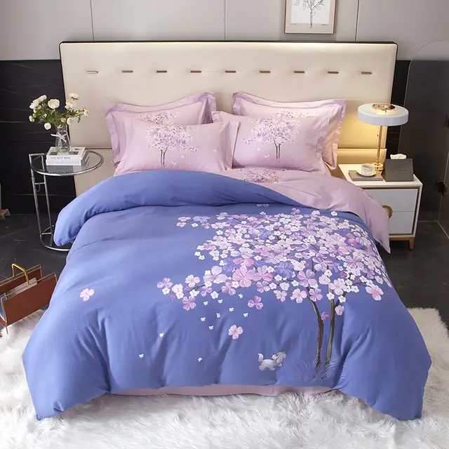 All cotton Sanding Four piece Large Floral Cotton Quilt Cover Wishing Tree Blue - Shop at LoveMi