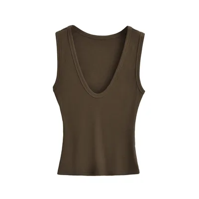 Women's Deep U neck Vest Short Top Coffee - Shop at LoveMi