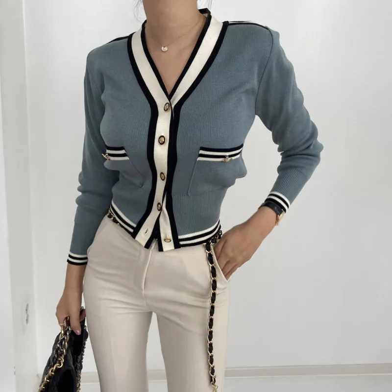 V neck Stitching Metal Button Long Sleeve Knitted Cardigan Sweater Blue - Shop at LoveMi