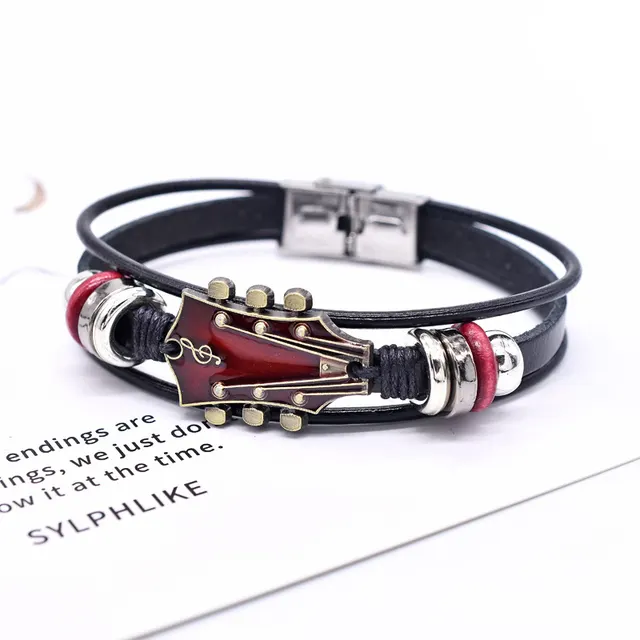 European And American Zinc Alloy Music Guitar Leather Bracelet Antique Brass Red Style - Shop at LoveMi