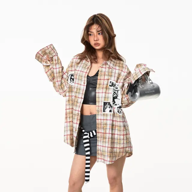 Retro Distressed Brushed Printed Plaid Shirt Loose Top Plaid - Shop at LoveMi