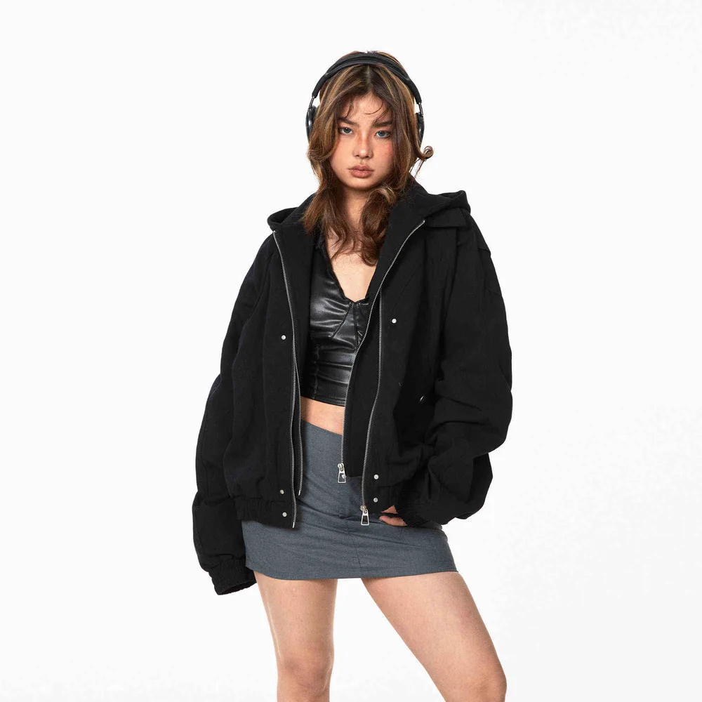 Fake Two Pieces Hooded Workwear Coats Female Cropped Jacket Black - Shop at LoveMi