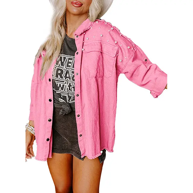 Beaded Denim Coat European And American Loose Lapels Jacket Lc788598 Pink - Shop at LoveMi