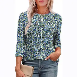 Casual Pleated Round Neck Printed Top - Blue Small Floral