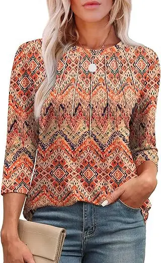 Casual Pleated Round Neck Printed Top - Orange Element