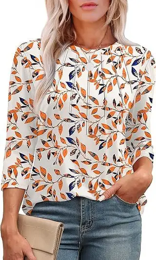Casual Pleated Round Neck Printed Top - Orange Wicker