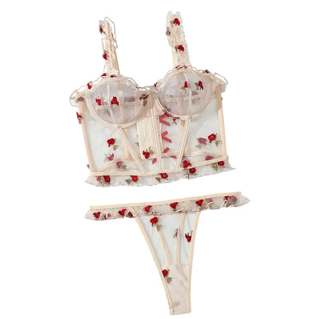 French Style Outer Wear Small Chest Push Up Girl Lace Soft Yarn See through Cute Sweet Printed Fishbone Camisole Light Flesh Color - Shop at LoveMi