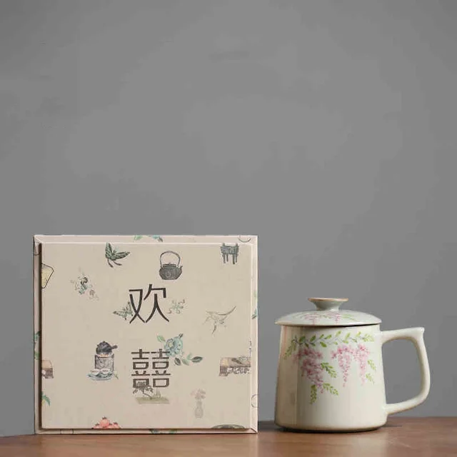 Hand Painted Wisteria Flower Mug With Lid Large capacity Water Cup Water Cup Gift Box - Shop at LoveMi