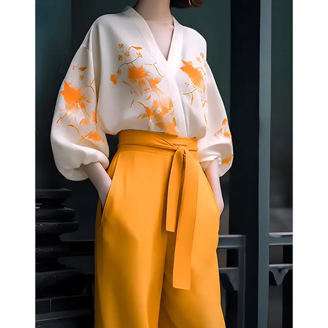 Fashionable Retro High end Slimming Wear Flab Hiding Shirt Wide leg Pants Suit Two piece Set Women Top Wide Leg Pants - Shop at LoveMi