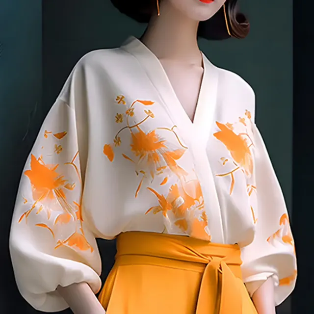 Fashionable Retro High end Slimming Wear Flab Hiding Shirt Wide leg Pants Suit Two piece Set Women White With Printed Pattern Top - Shop at LoveMi