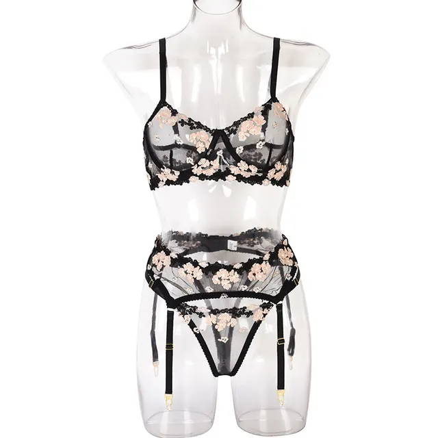 Mini Flowers Steel Ring Embroidery Three piece Set 3016 Black - Shop at LoveMi
