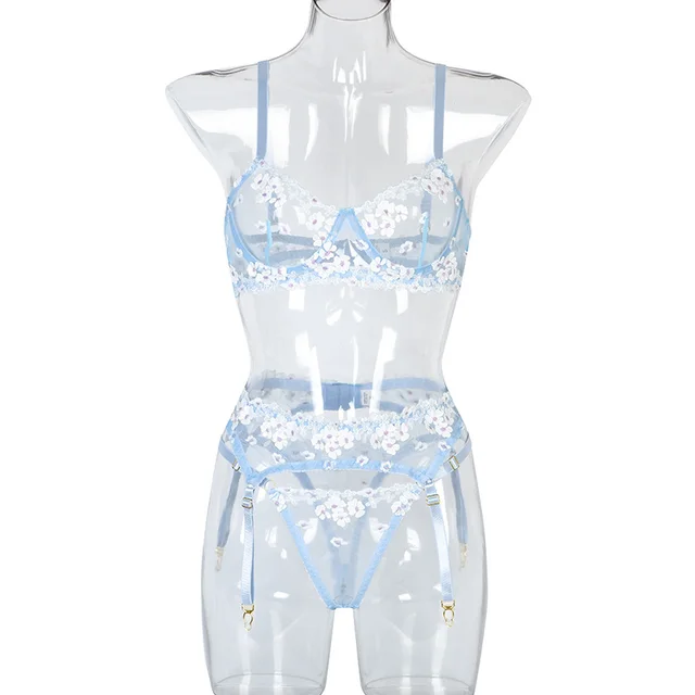 Mini Flowers Steel Ring Embroidery Three piece Set 3016 Light Blue - Shop at LoveMi