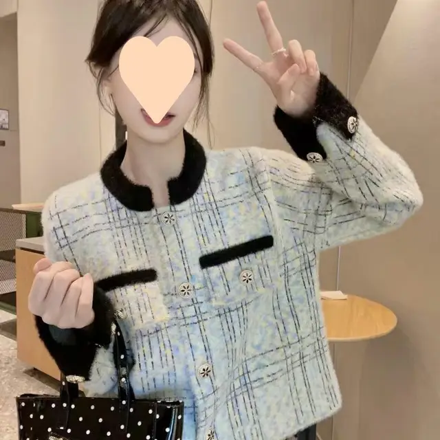Women's Plus Size Plaid Knitted Long sleeved Top Blue - Shop at LoveMi