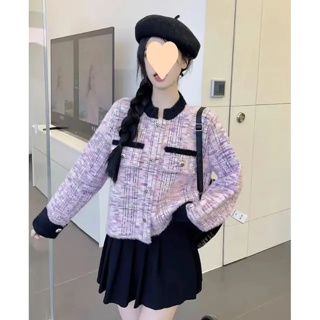 Women's Plus Size Plaid Knitted Long sleeved Top Purple - Shop at LoveMi
