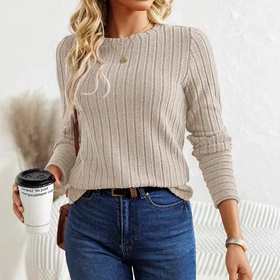 Women's Casual Fashion Sunken Stripe T shirt Apricot - Shop at LoveMi